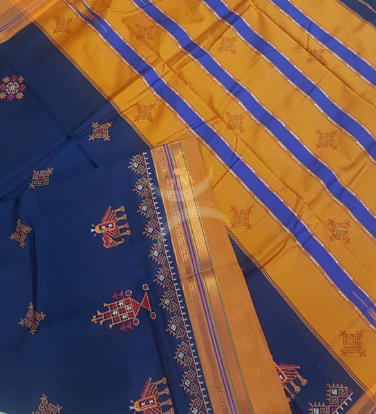 Blue ilkal with kasuti embroidery