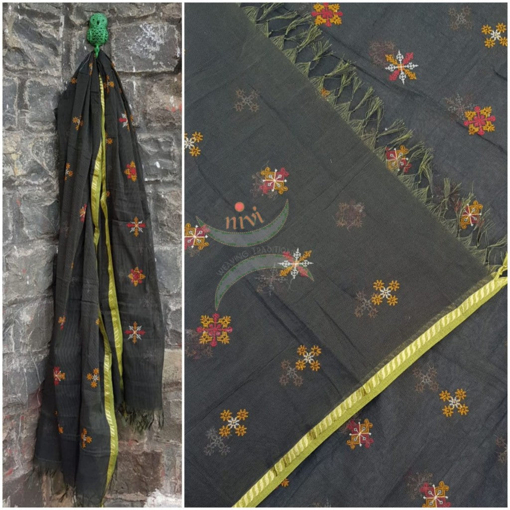 Brown kota cotton dupatta with kasuti embroidery