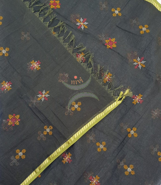 Brown kota cotton dupatta with kasuti embroidery