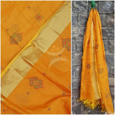 Orange kota cotton dupatta with kasuti embroidery