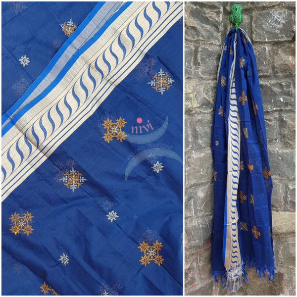 Blue kota cotton dupatta with kasuti embroidery