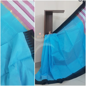 Blue Handloom cotton blended saree with temple border.saree comes with running blouse.