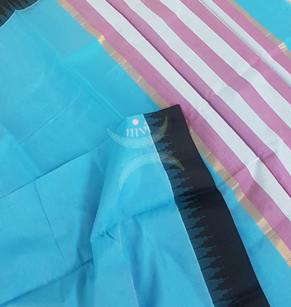 Blue Handloom cotton blended saree with temple border.saree comes with running blouse.