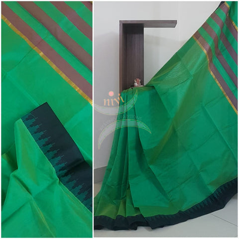 Green Handloom cotton blended saree with temple border.saree comes with running blouse.