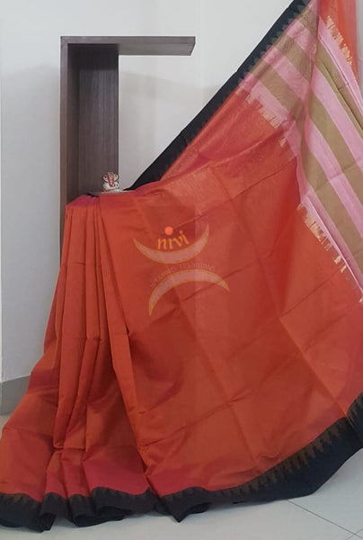 Orange Handloom cotton blended saree with temple border.saree comes with running blouse.