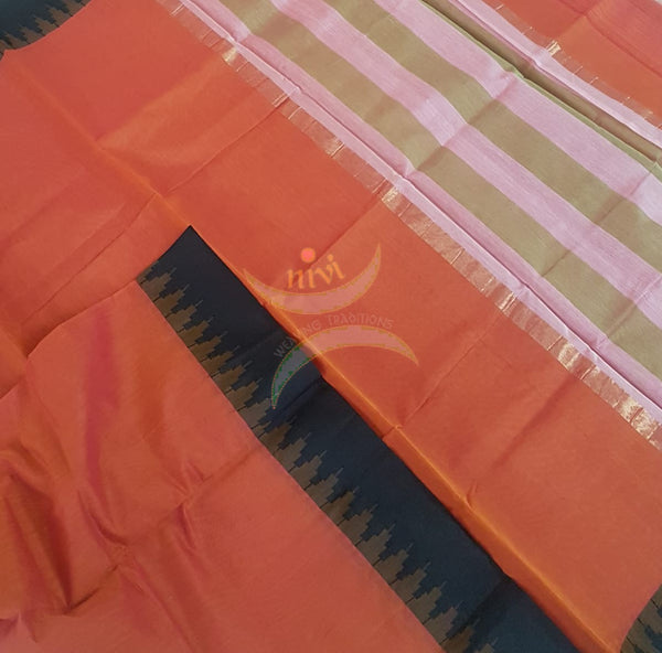 Orange Handloom cotton blended saree with temple border.saree comes with running blouse.