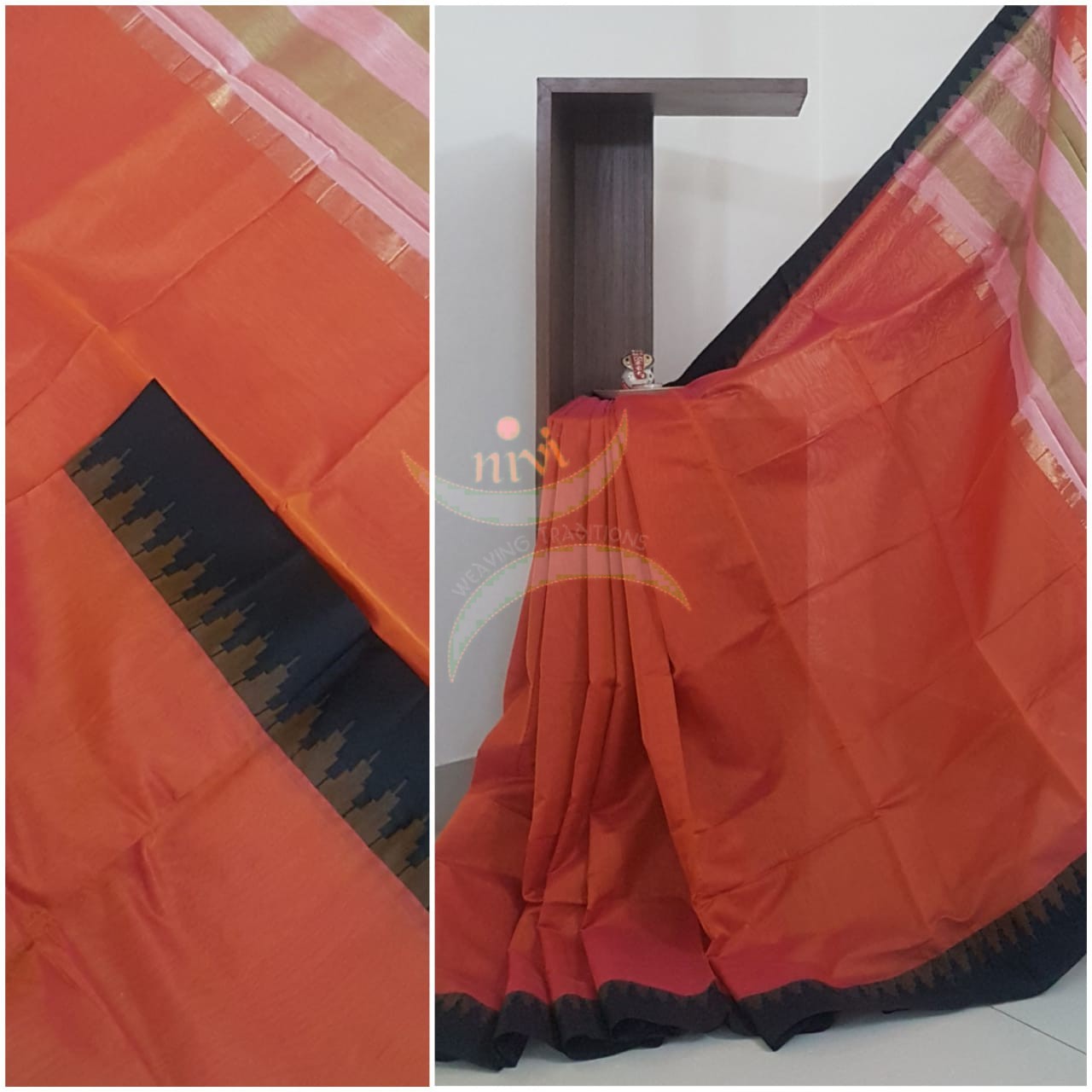 Orange Handloom cotton blended saree with temple border.saree comes with running blouse.