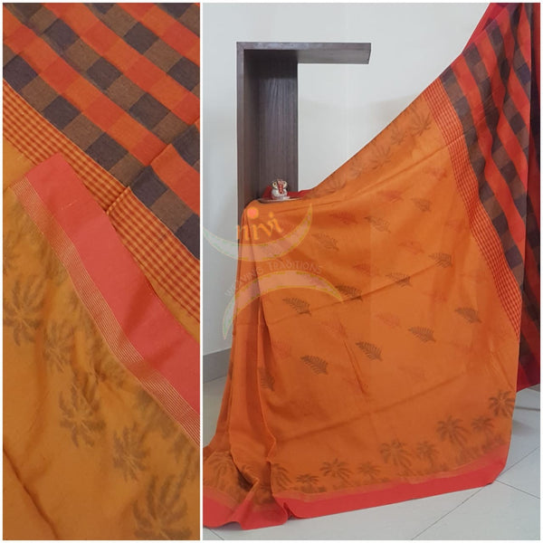 Handloom cotton saree with ikat woven pallu