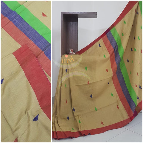 Handloom linen with all over booties and contrast border and running blouse