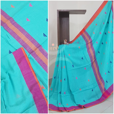 Handloom linen with all over booties and contrast border and running blouse