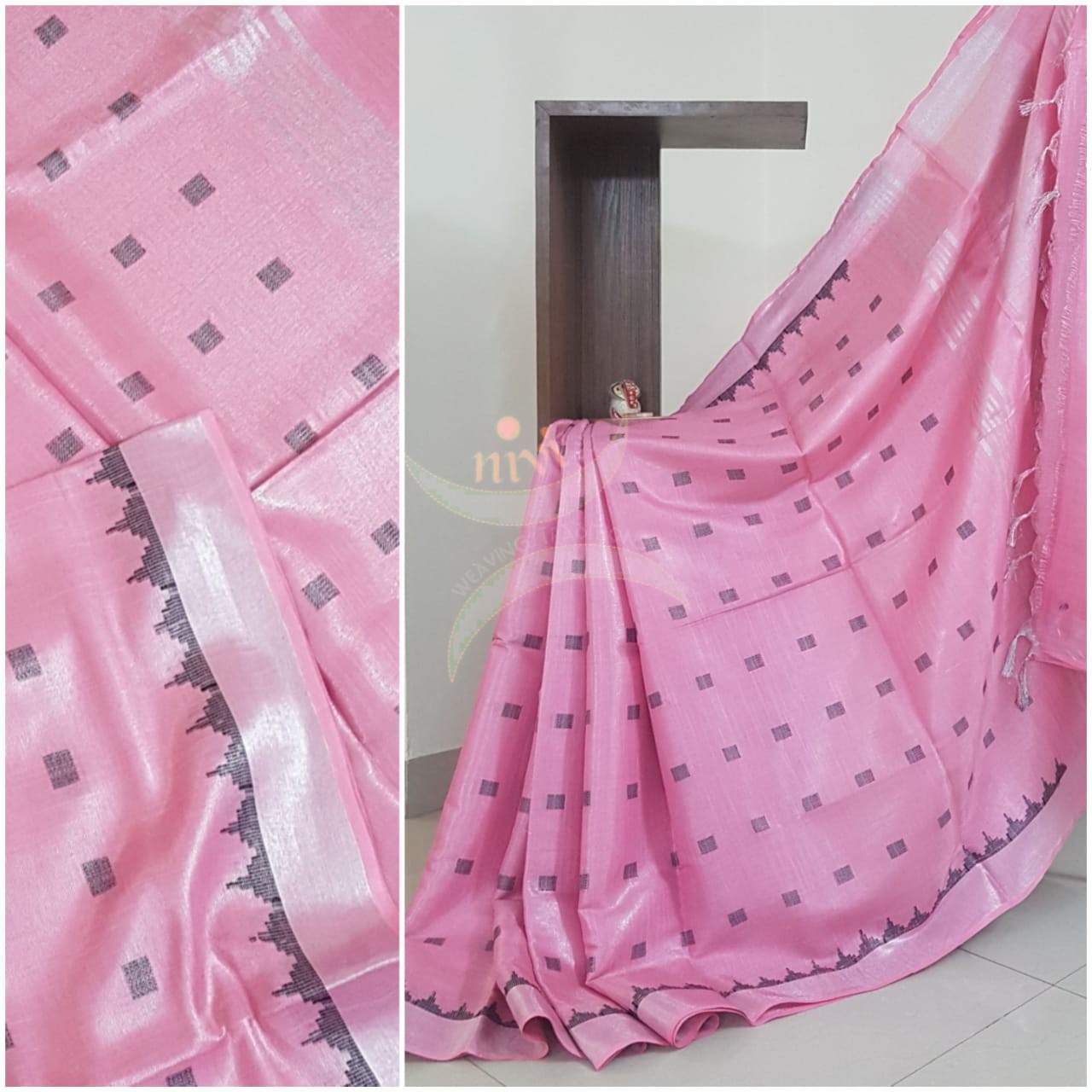 Handloom linen tissue with subtle zari border and pallu