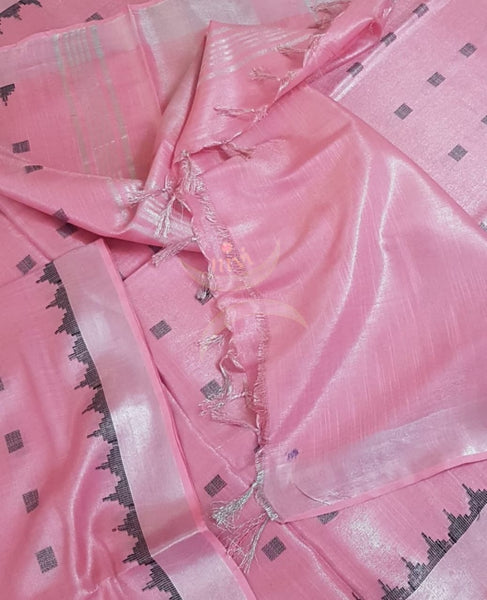 Handloom linen tissue with subtle zari border and pallu