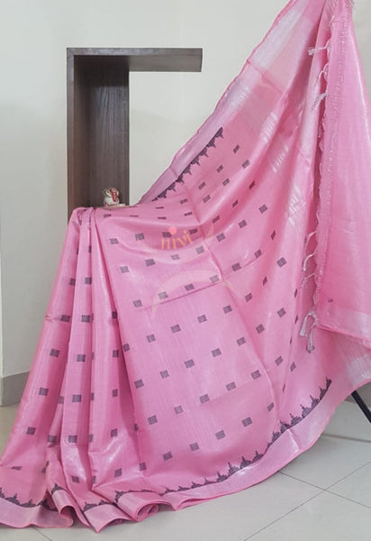 Handloom linen tissue with subtle zari border and pallu