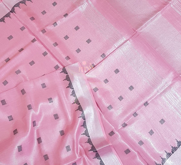 Handloom linen tissue with subtle zari border and pallu