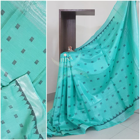 Handloom linen tissue with subtle zari border and pallu