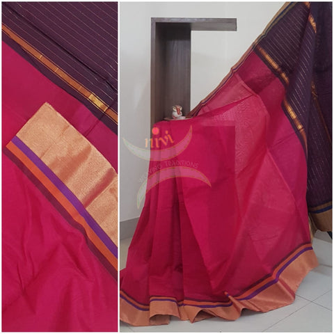 Cotton art silk saree with tissue border and contrast pallu and blous