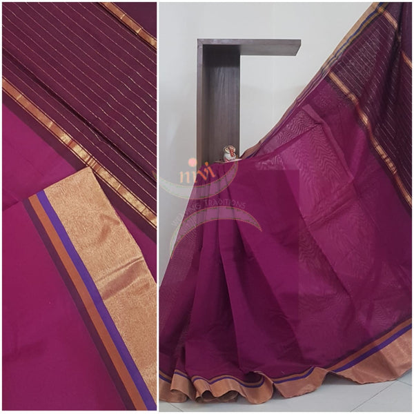 Cotton art silk saree with tissue border and contrast pallu and blouse