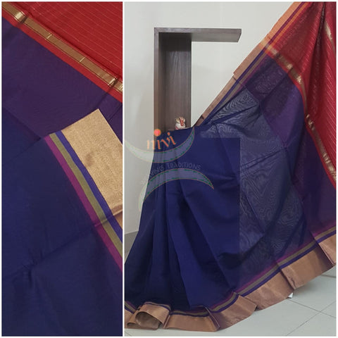 Cotton art silk saree with tissue border and contrast pallu and blouse