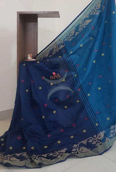 Navy Blue Handloom  cotton with woven booties and border. saree comes with contrast blouse