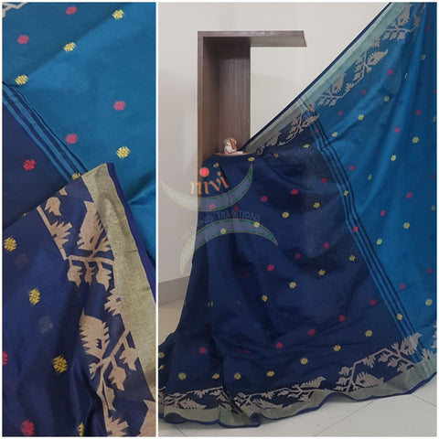 Navy Blue Handloom  cotton with woven booties and border. saree comes with contrast blouse