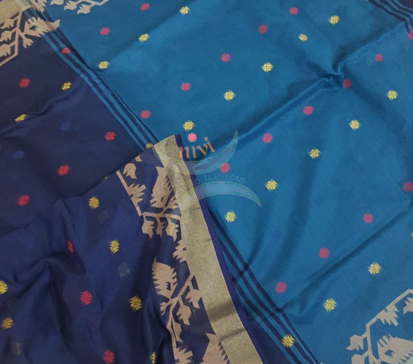 Navy Blue Handloom  cotton with woven booties and border. saree comes with contrast blouse