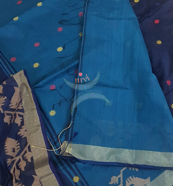 Navy Blue Handloom  cotton with woven booties and border. saree comes with contrast blouse