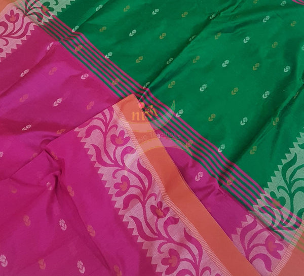 Pink Handloom cotton with woven booties and border. saree comes with contrast blouse