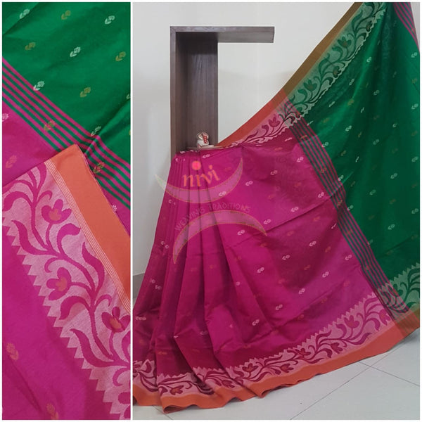 Pink Handloom cotton with woven booties and border. saree comes with contrast blouse