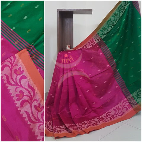 Pink Handloom cotton with woven booties and border. saree comes with contrast blouse