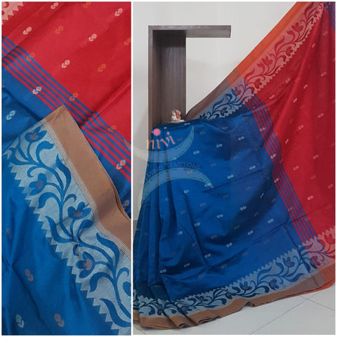 Teal Handloom cotton with woven booties and border. saree comes with contrast blouse