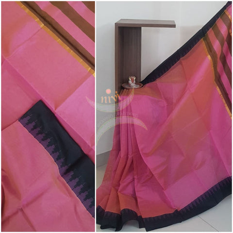 Pink Handloom cotton blended saree with temple border.saree comes with running blouse.
