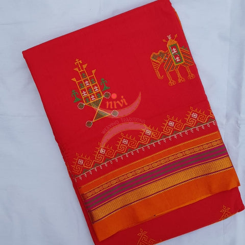 Red with mustard cotton blend ilkal with traditional kasuti embroidery