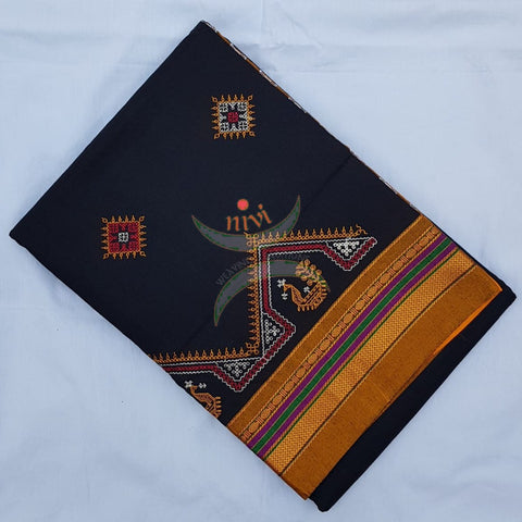 Black cotton blend ilkal with traditional kasuti embroidery