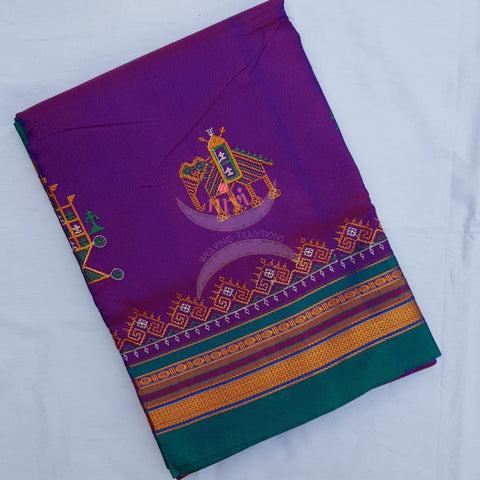 Purple with green cotton blend ilkal with traditional kasuti embroidery