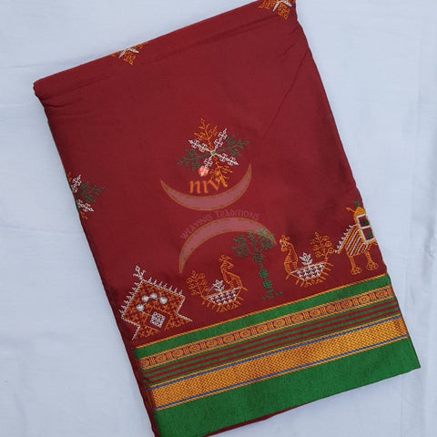 Brown with green cotton blend ilkal with traditional kasuti embroidery