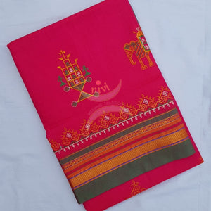 Pink with green cotton blend ilkal with traditional kasuti embroidery