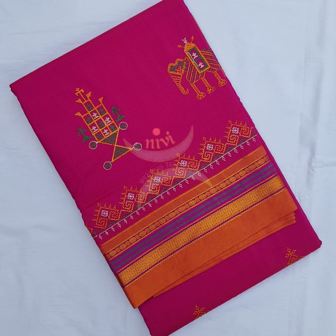 Meganta with mustard cotton blend ilkal with traditional kasuti embroidery