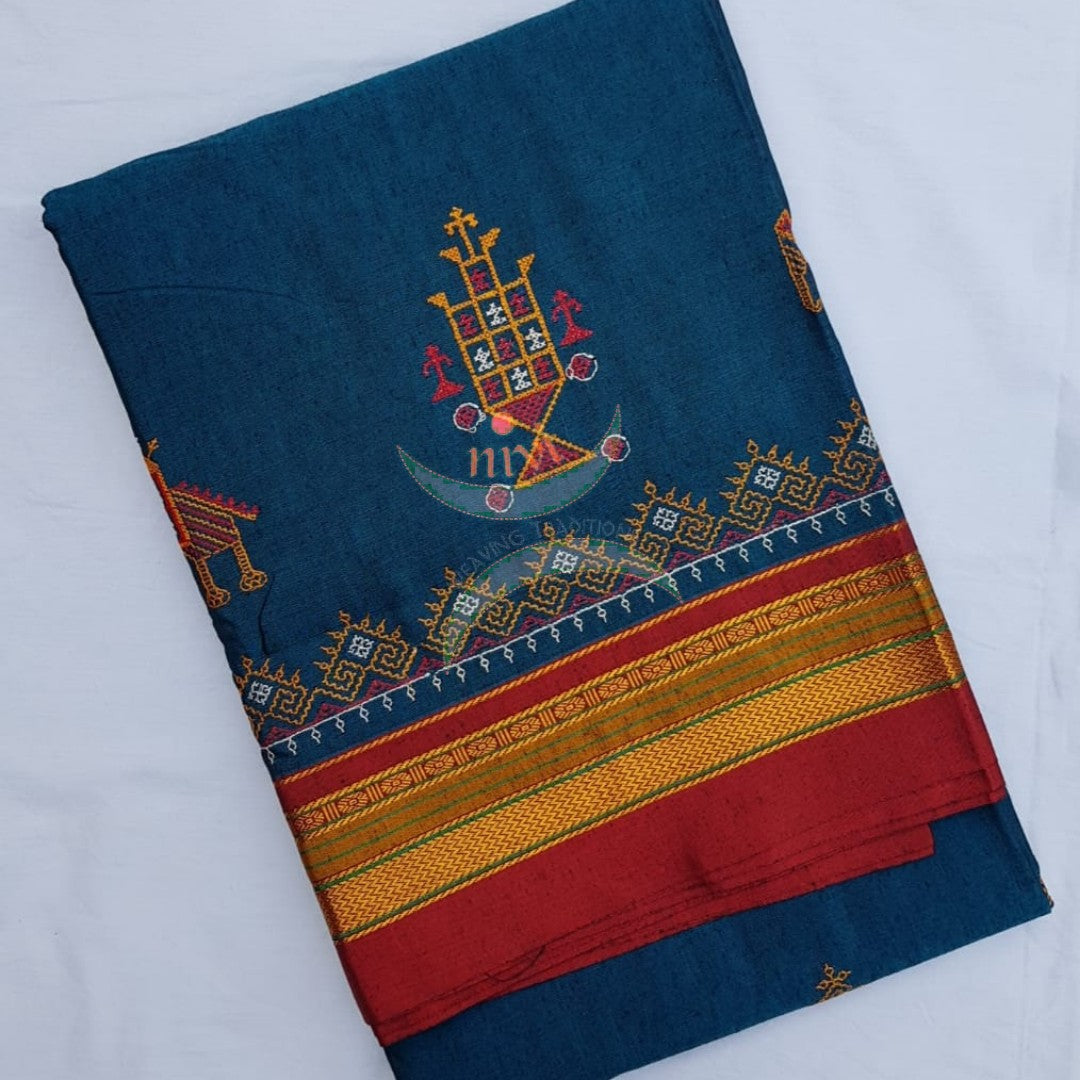 Teal with maroon cotton blend ilkal with traditional kasuti embroidery