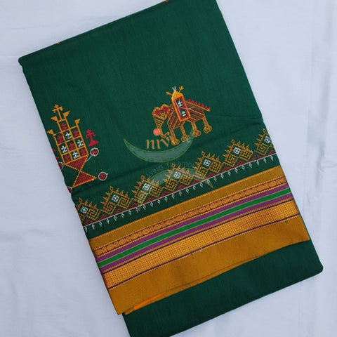 Green with mustard cotton blend ilkal with traditional kasuti embroidery