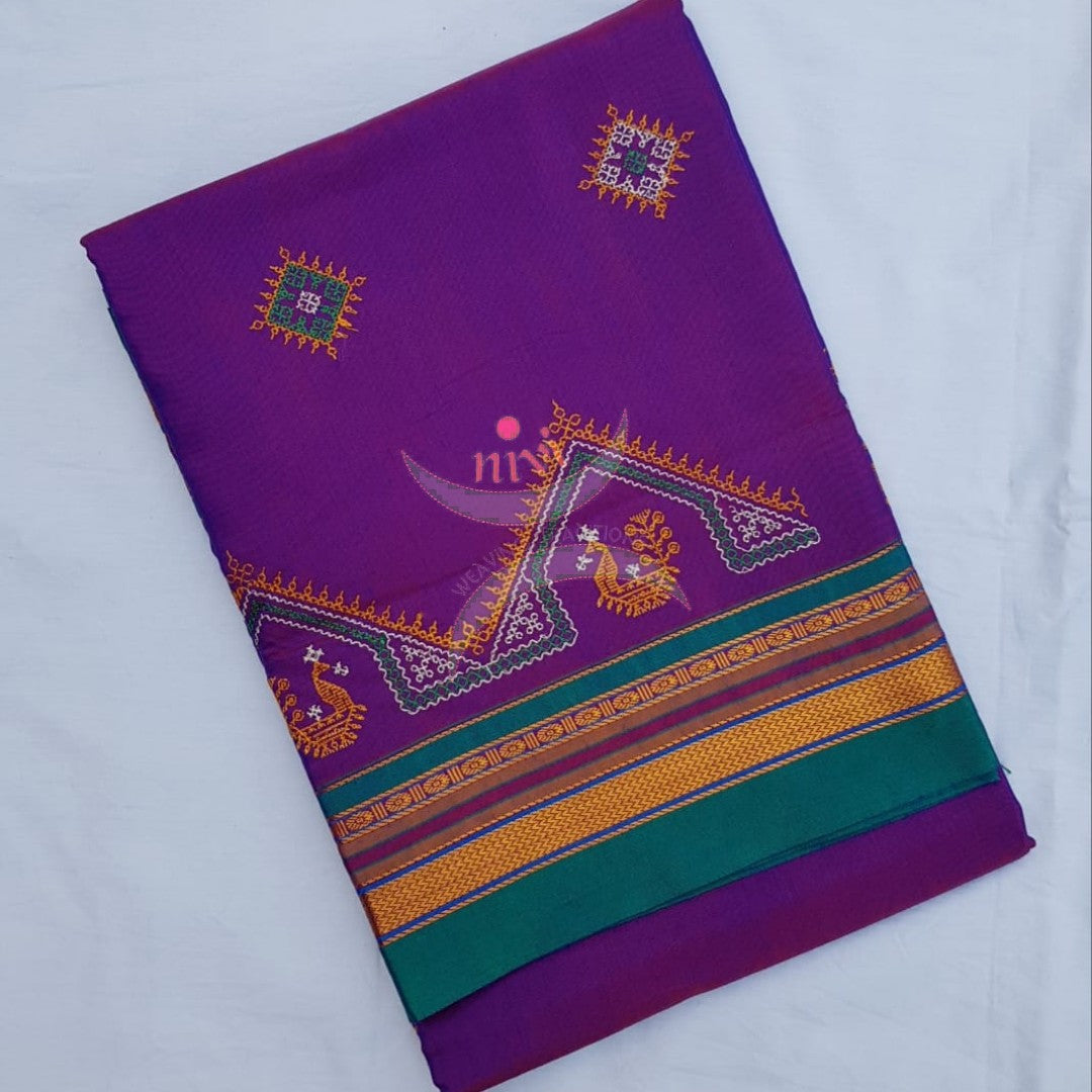 Purple with green cotton blend ilkal with traditional kasuti embroidery