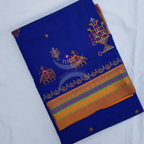 Royal blue with mustard cotton blend ilkal with traditional kasuti embroidery