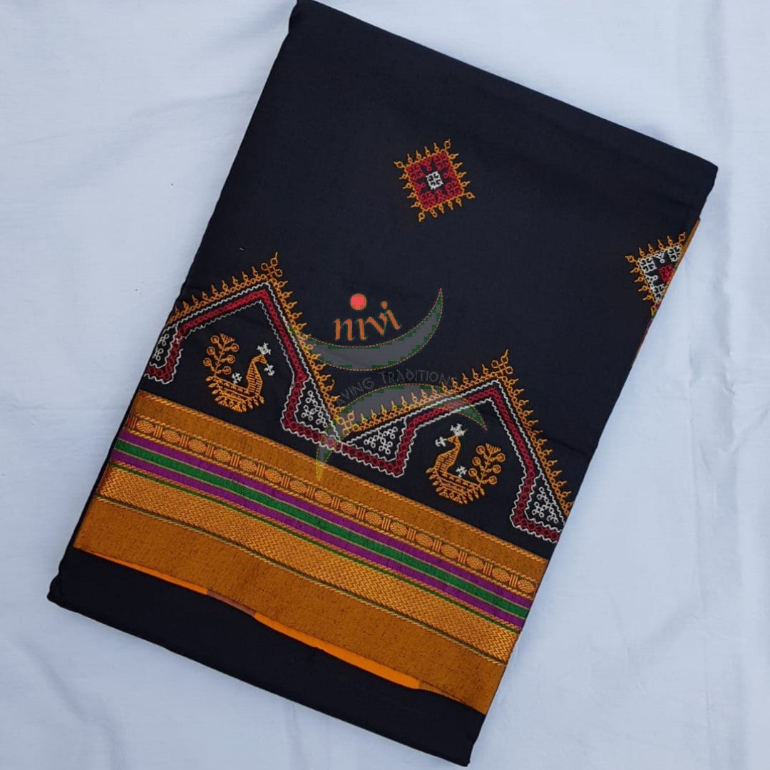 Black cotton blend ilkal with traditional kasuti embroidery