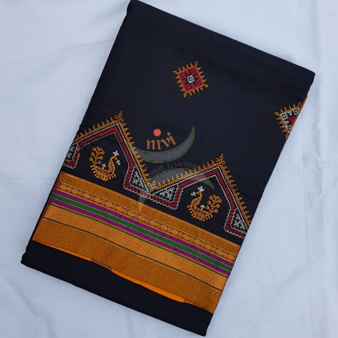 Black cotton blend ilkal with traditional kasuti embroidery