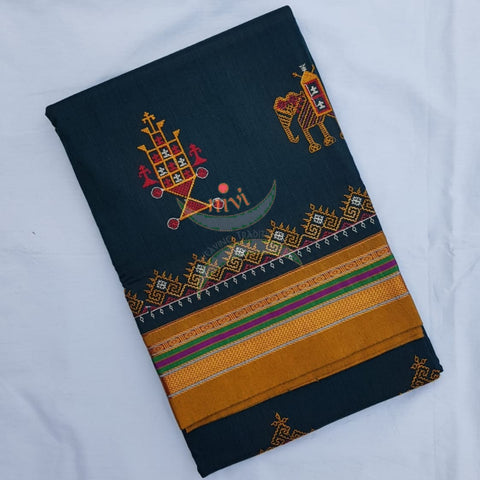 Bottle green with mustard cotton blend ilkal with traditional kasuti embroidery