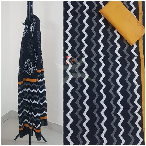 Black with yellow Handblock bagru printed cotton suit with pure cotton duppata