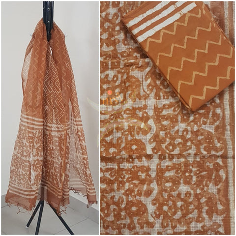 Mustard Handblock printed Kota doria top and duppata with block printed cotton bottom