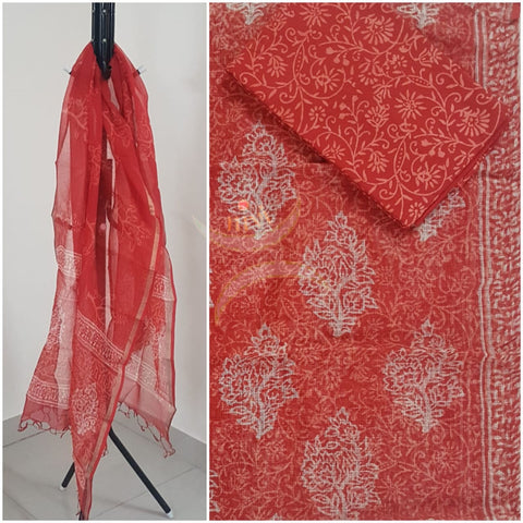 Orange Handblock printed Kota doria top and duppata with block printed cotton bottom