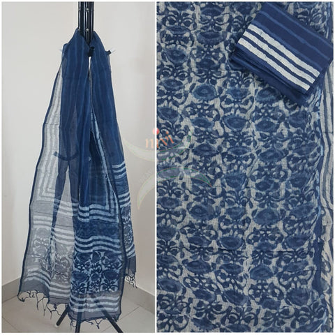 Indigo Handblock printed Kota doria top and duppata with block printed cotton bottom