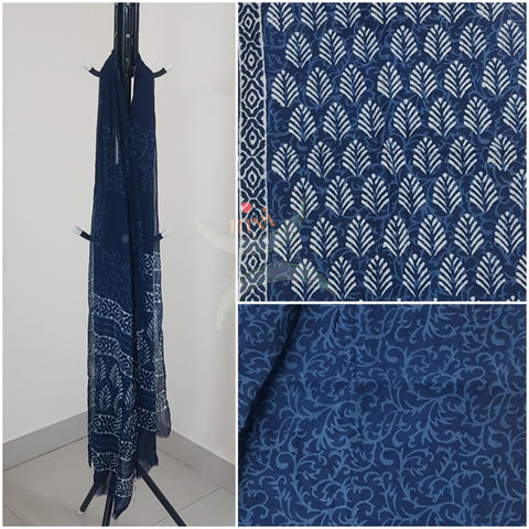 Handblock indigo printed cotton suit with chiffon duppata