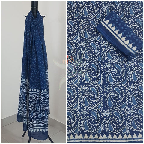 Handblock indigo printed cotton suit with pure cotton duppata